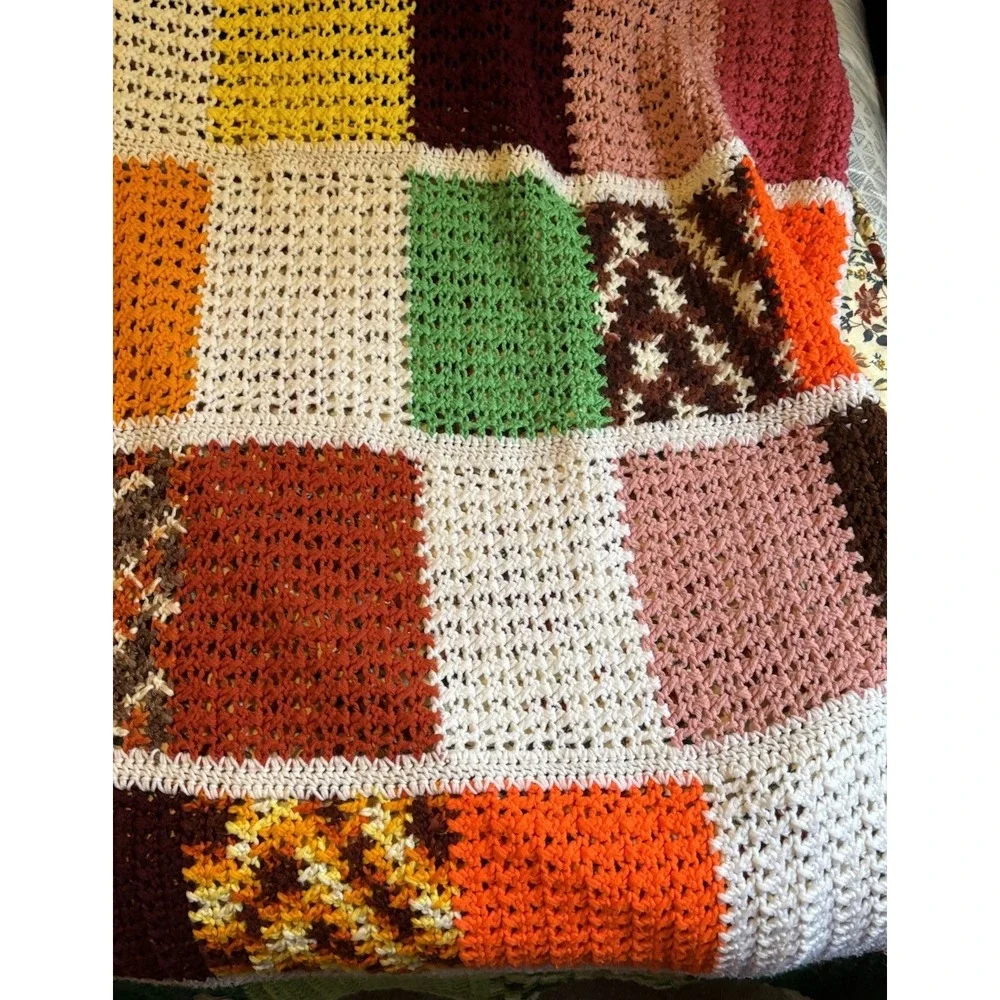 Granny Square Afghan Handmade Crochet Throw Blanket Cabin  Patchwork BIG BANG 76